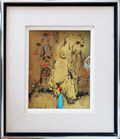 Alvin Carl Hollingsworth Nude Figures Faces in Black and Red Paint on Metalic Gold Ground