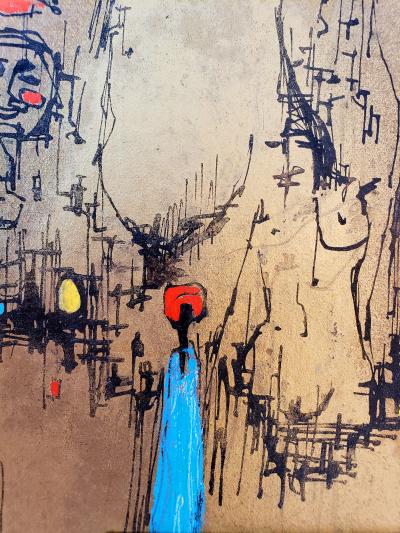 Alvin Carl Hollingsworth Nude Figures Faces in Black and Red Paint on Metalic Gold Ground