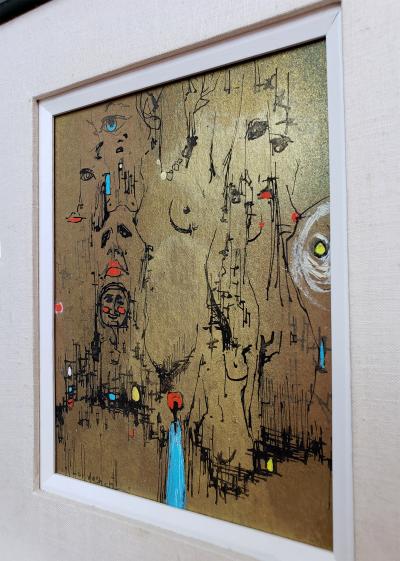 Alvin Carl Hollingsworth Nude Figures Faces in Black and Red Paint on Metalic Gold Ground