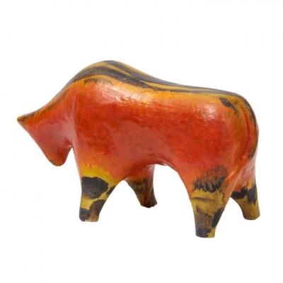 Alvino Bagni Alvino Bagni Bull Ceramic Orange Red Yellow and Brown Signed