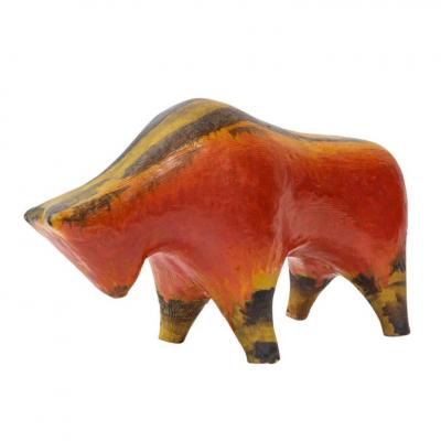Alvino Bagni Alvino Bagni Bull Ceramic Orange Red Yellow and Brown Signed
