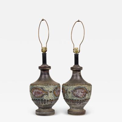 Alvino Bagni Pair of Alvino Bagni for Bitossi Italian Ceramic Fish Striped Table Lamps