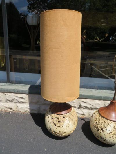 Amazing Pair Jumbo Faux Travertine Ceramic Orb Lamp Mid Century Modern