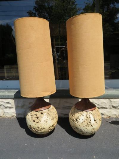Amazing Pair Jumbo Faux Travertine Ceramic Orb Lamp Mid Century Modern
