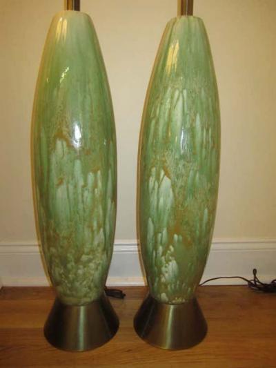 Amazing Pair of Tall Slender Ceramic Drip Glaze Lamps Midcentury