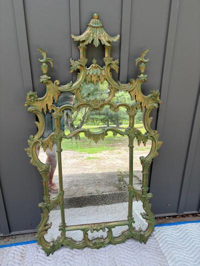 Amazing italian Chinoiserie Pagoda Wall Mirror Green Gilt Finish