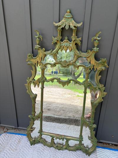 Amazing italian Chinoiserie Pagoda Wall Mirror Green Gilt Finish
