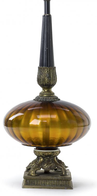 Amber irised glass urn shaped pair of awesome lamp with oxidized bronze accent