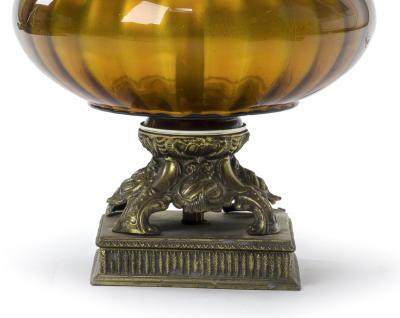 Amber irised glass urn shaped pair of awesome lamp with oxidized bronze accent
