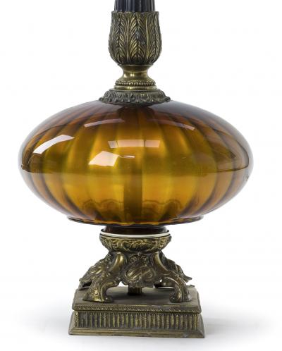 Amber irised glass urn shaped pair of awesome lamp with oxidized bronze accent