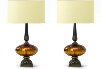 Amber irised glass urn shaped pair of awesome lamp with oxidized bronze accent