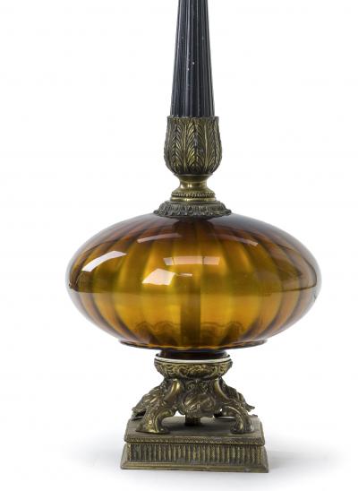 Amber irised glass urn shaped pair of awesome lamp with oxidized bronze accent