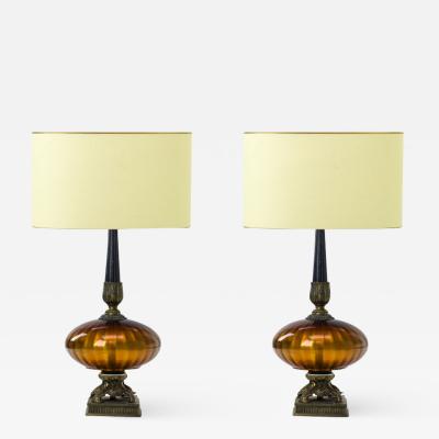 Amber irised glass urn shaped pair of awesome lamp with oxidized bronze accent