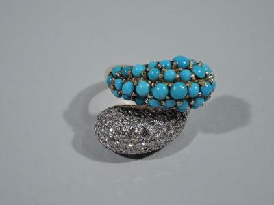American 14K Gold Crossover Cocktail Ring with Diamonds and Turquoise