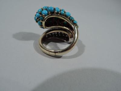 American 14K Gold Crossover Cocktail Ring with Diamonds and Turquoise