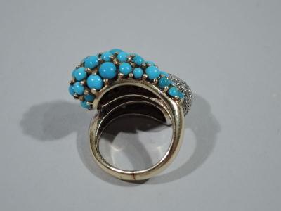 American 14K Gold Crossover Cocktail Ring with Diamonds and Turquoise
