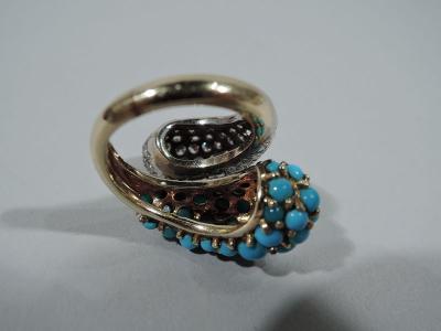 American 14K Gold Crossover Cocktail Ring with Diamonds and Turquoise