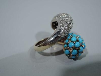 American 14K Gold Crossover Cocktail Ring with Diamonds and Turquoise
