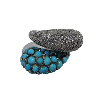 American 14K Gold Crossover Cocktail Ring with Diamonds and Turquoise