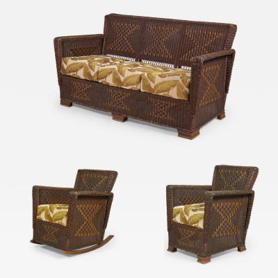 American Art Deco 3 Piece Wicker Salon Set