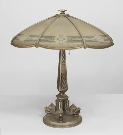 American Art Deco Aztec Design Silvered Metal Table Lamp