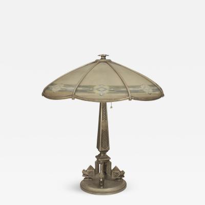 American Art Deco Aztec Design Silvered Metal Table Lamp