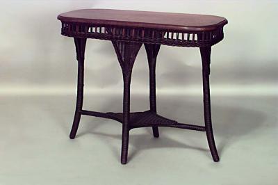 American Art Deco Natural Wicker and Oak Top Narrow Oval End Table