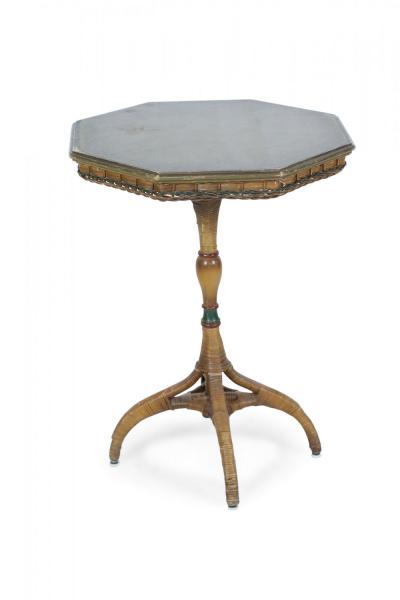 American Art Deco Style Octagonal Wood Top Wicker Bistro Table
