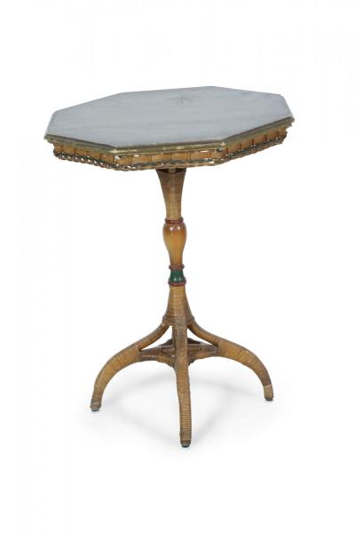 American Art Deco Style Octagonal Wood Top Wicker Bistro Table