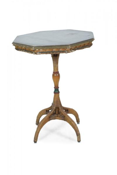 American Art Deco Style Octagonal Wood Top Wicker Bistro Table
