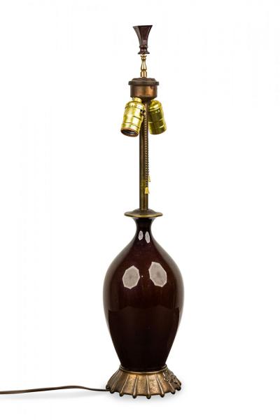 American Art Deco Style Oxblood Red Porcelain and Brass Table Lamp
