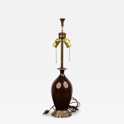 American Art Deco Style Oxblood Red Porcelain and Brass Table Lamp