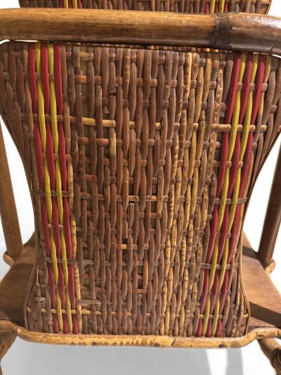 American Art Deco bamboo magazine rack with red and natural wicker panels