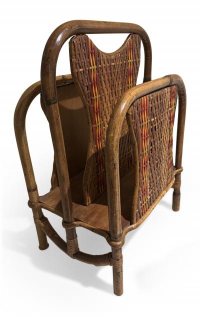 American Art Deco bamboo magazine rack with red and natural wicker panels