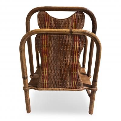 American Art Deco bamboo magazine rack with red and natural wicker panels