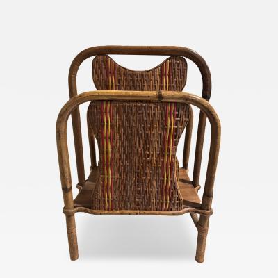 American Art Deco bamboo magazine rack with red and natural wicker panels