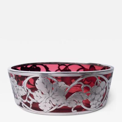 American Art Nouveau Cranberry Bowl with Grapevine Silver Overlay