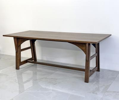 American Arts and Crafts Solid Oak Trestle Dining Table 1960s