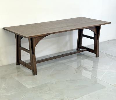 American Arts and Crafts Solid Oak Trestle Dining Table 1960s