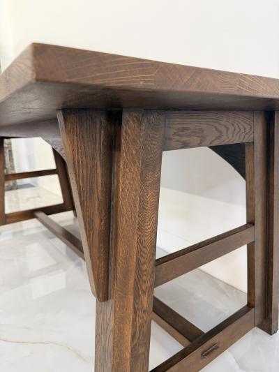 American Arts and Crafts Solid Oak Trestle Dining Table 1960s