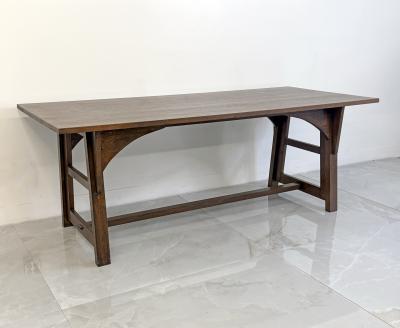 American Arts and Crafts Solid Oak Trestle Dining Table 1960s