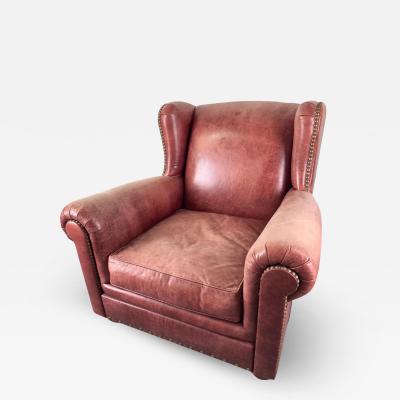 American Classical Style Distressed Leather Red Brown Oversized Club Chair