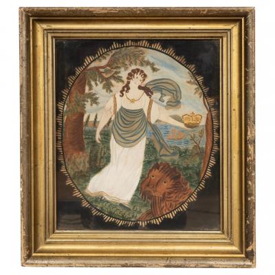 American Classical Watercolor On Paper Of A Female Figure By A Lion And Crown