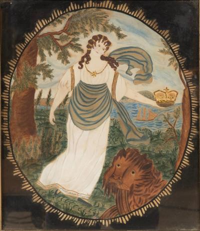 American Classical Watercolor On Paper Of A Female Figure By A Lion And Crown
