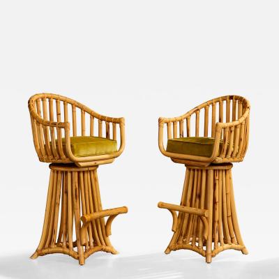 American Designer Counter Stools with Bamboo Rattan and Velvet USA 1970s