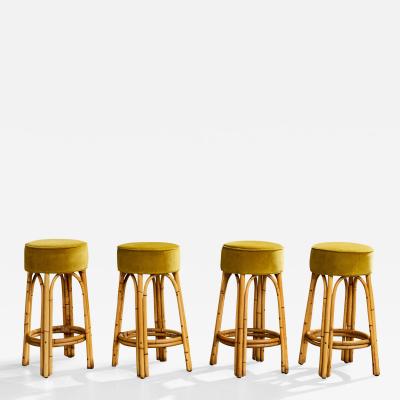 American Designer Counter Stools with Bamboo and Velvet USA 1950s