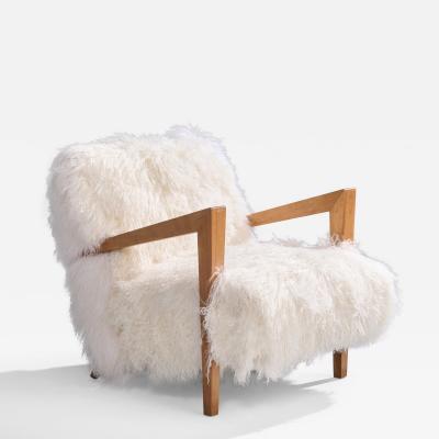 American Designer Lounge Chair with Wood and Shearling USA 1940s