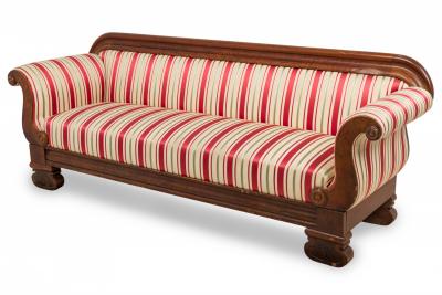 American Empire Style Mahogany and Beige Red and Green Striped Upholstery Sofa