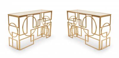 American Mid Century Gilt Metal and Glass Geometric Console Table