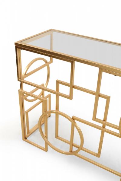 American Mid Century Gilt Metal and Glass Geometric Console Table